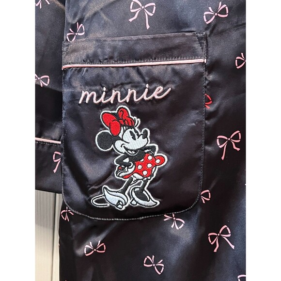 DISNEY Minnie Mouse Satin Kimono Robe Women's S Embroidered Pockets Black Pink - Picture 7 of 11